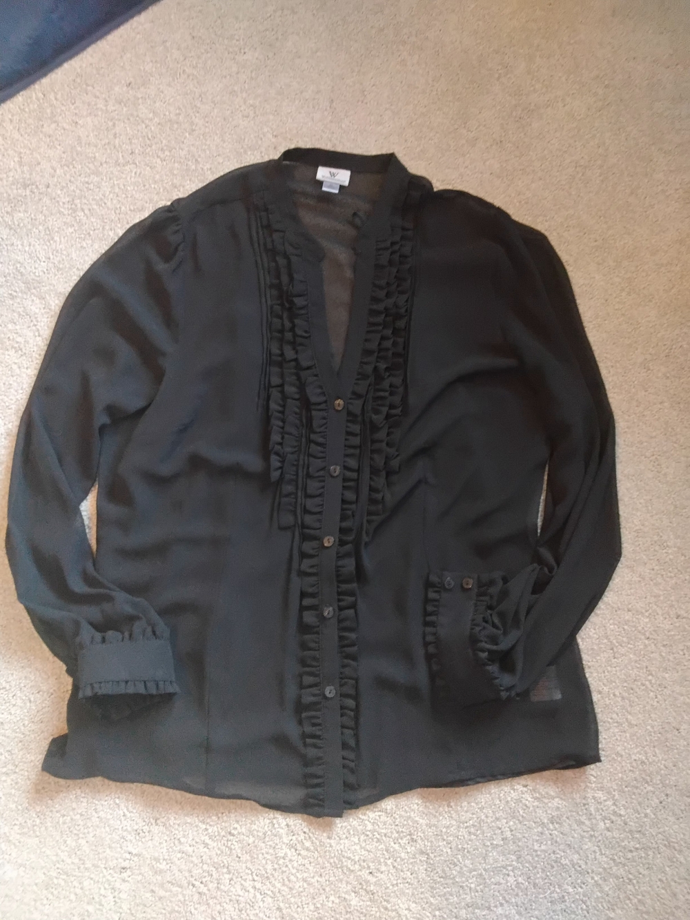 Worthington Sheer Ruffle-Trim Button Front Blouse With Camisole, Black, XLarge